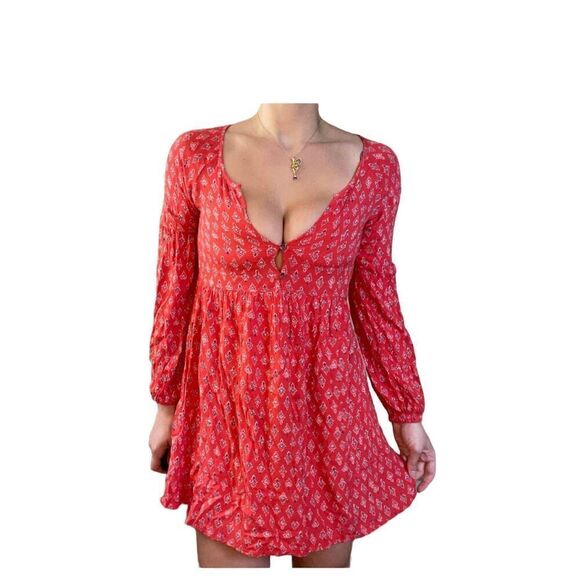 Billabong pinkish redfish babydoll dress with drop sleeves and drop waist size L - Picture 1 of 11